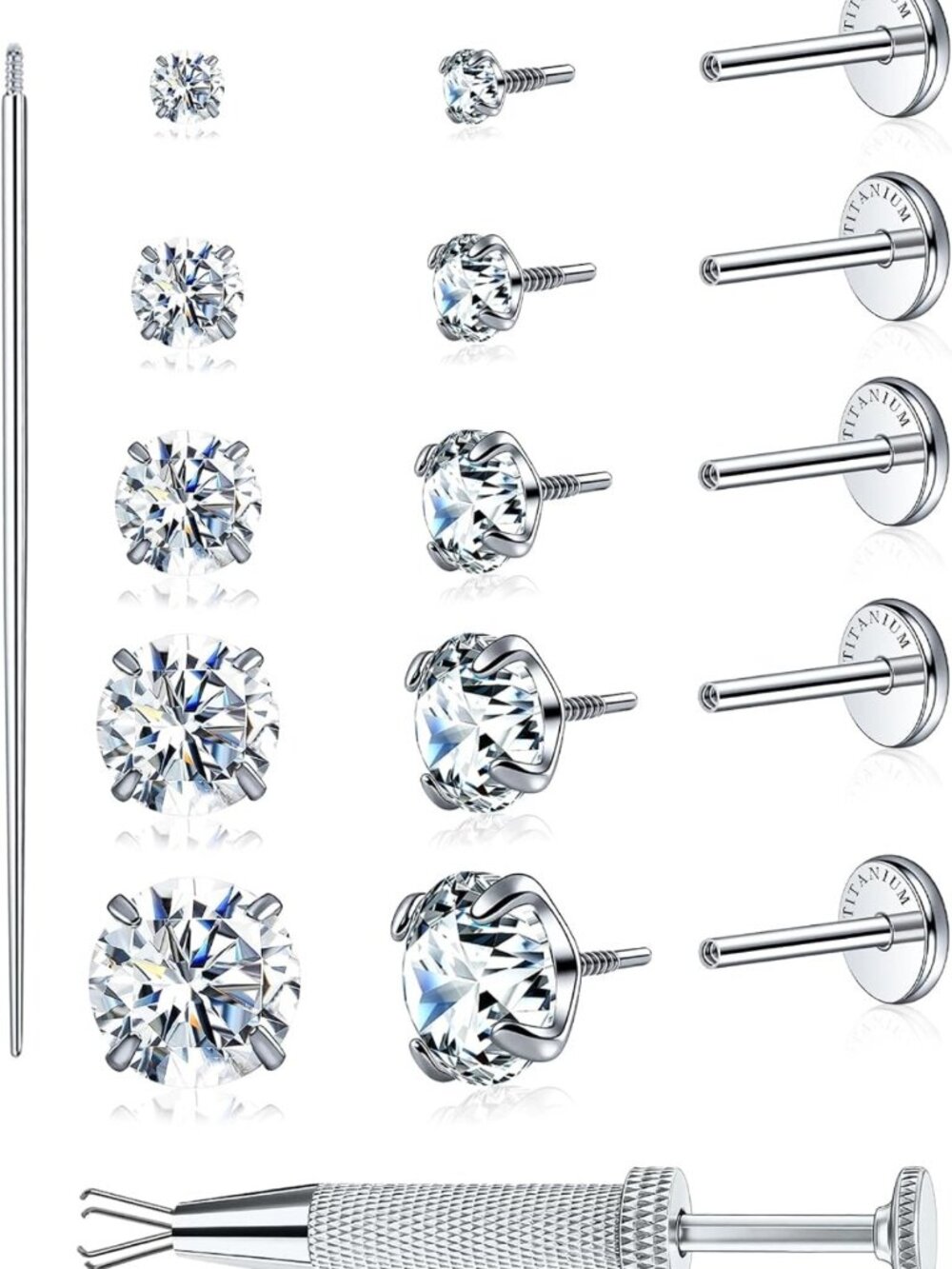 5 Pairs Implant Grade Titanium Flatback Stud Earrings - Hypoallergenic & Durable